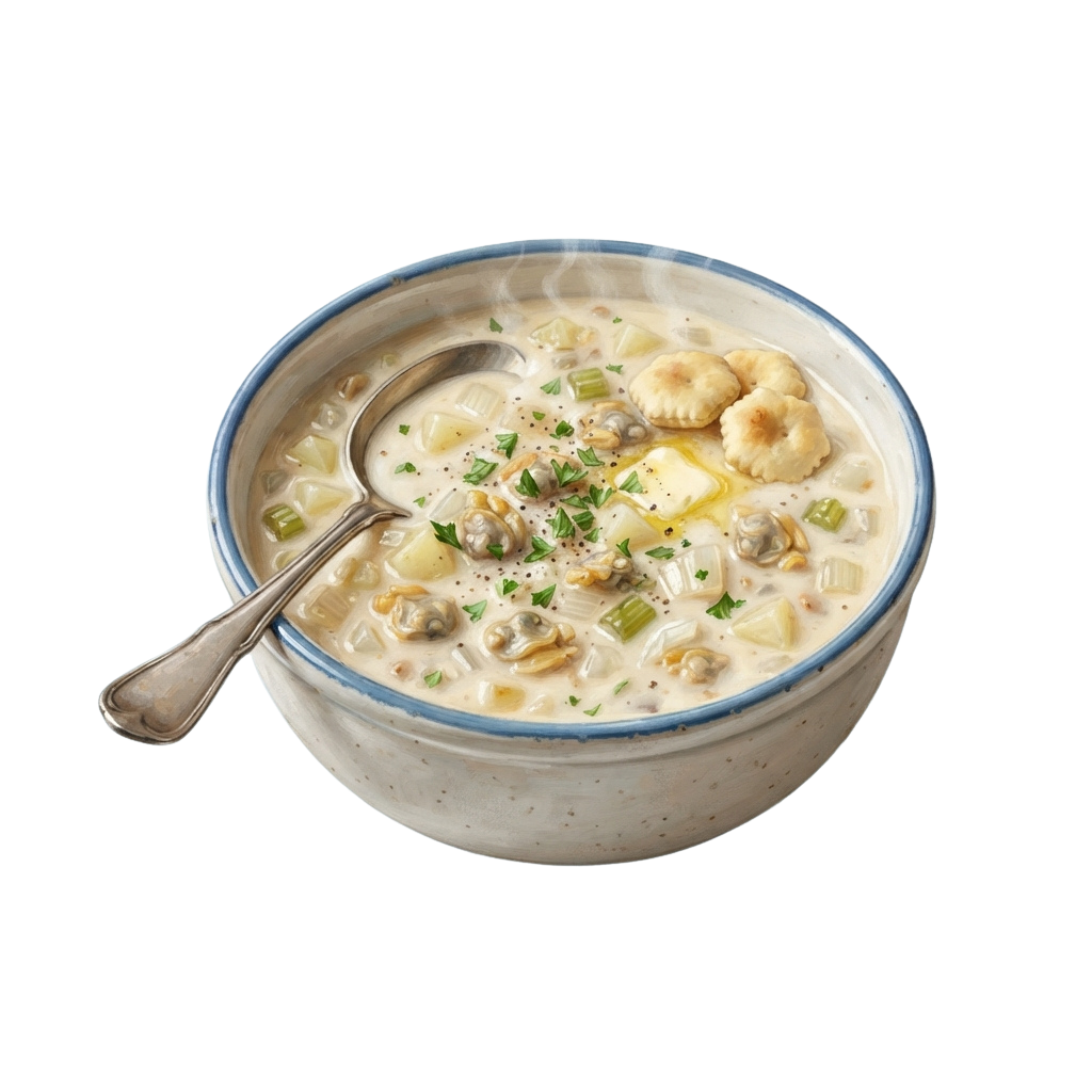 A bowl of creamy clam chowder topped with green onions and clams, served with a spoon.
