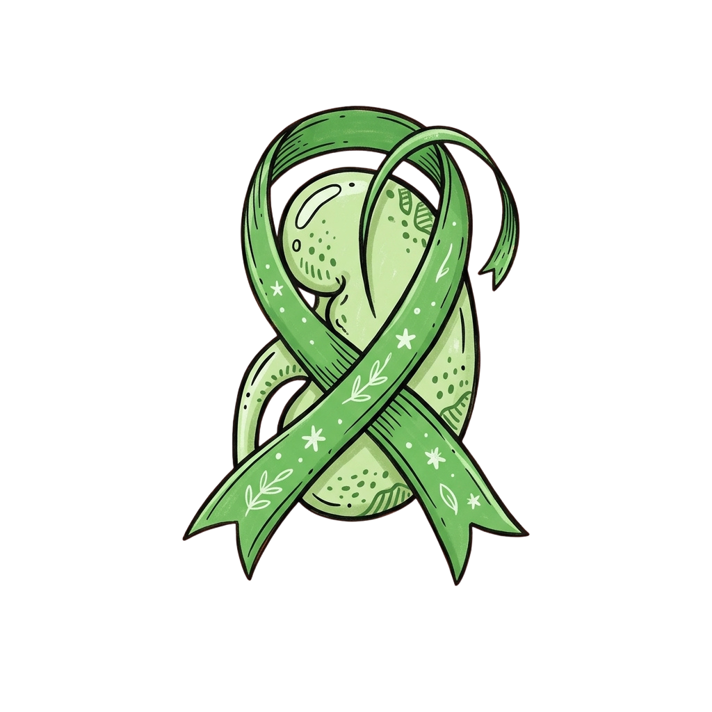 Illustrated green awareness ribbon with a smiling face integrated into the design