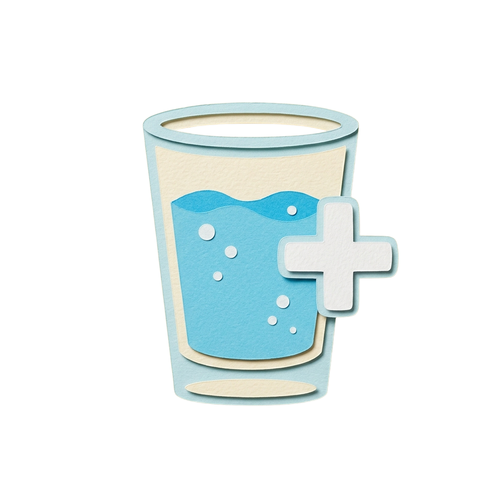 A light blue cup half-filled with water and a white plus sign bandage icon attached to the side
