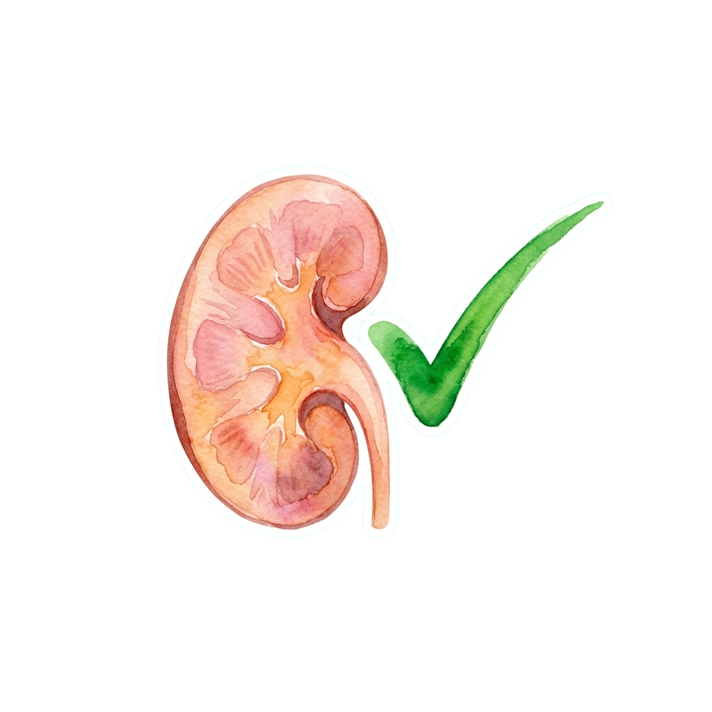 Illustration of a healthy kidney with a green checkmark on the ureter indicating approval or positive health status