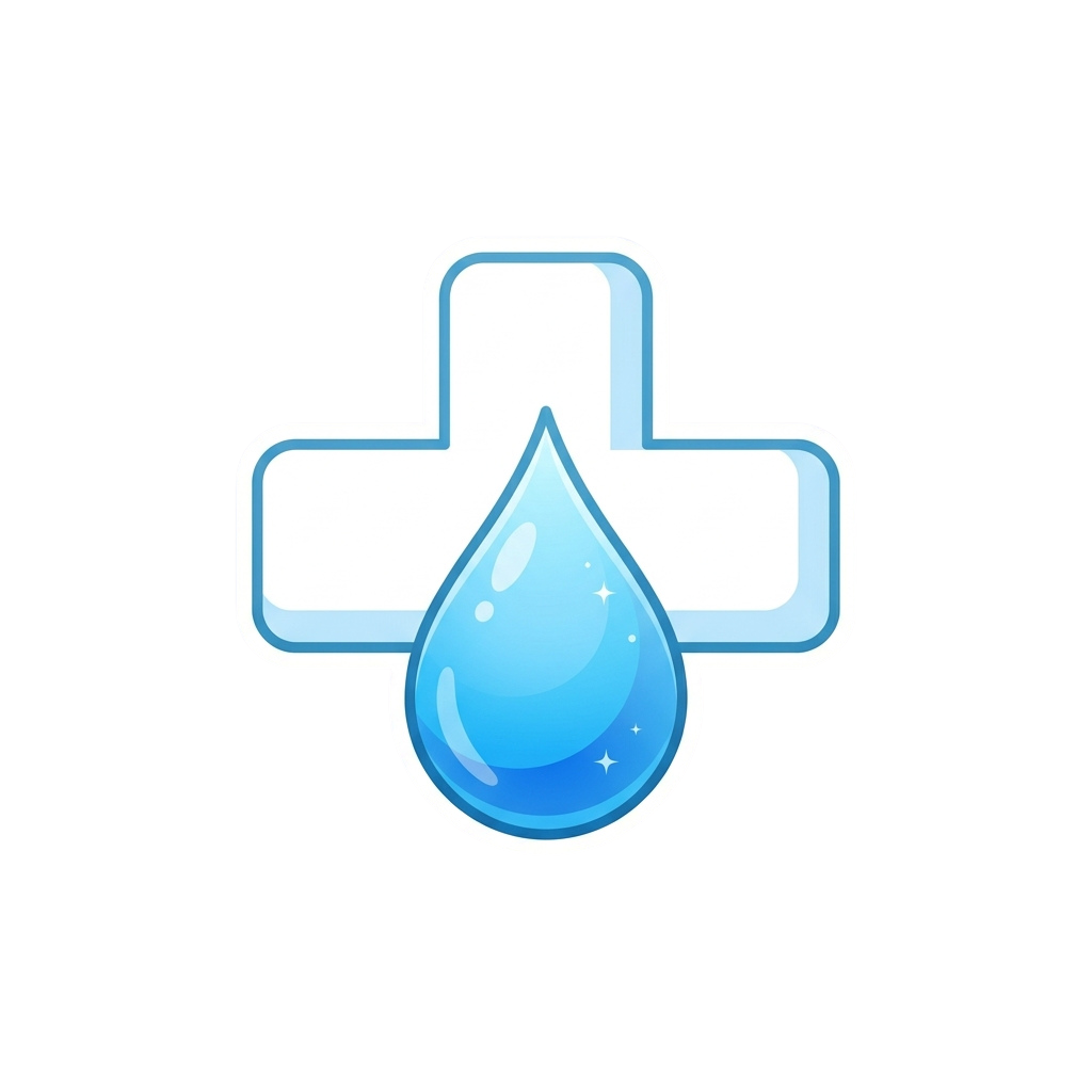A blue water droplet inside a white cross symbol on a black background
