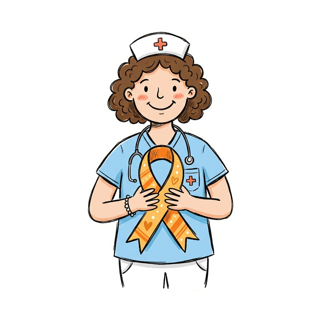 Smiling nurse in uniform holding an orange awareness ribbon with white hearts