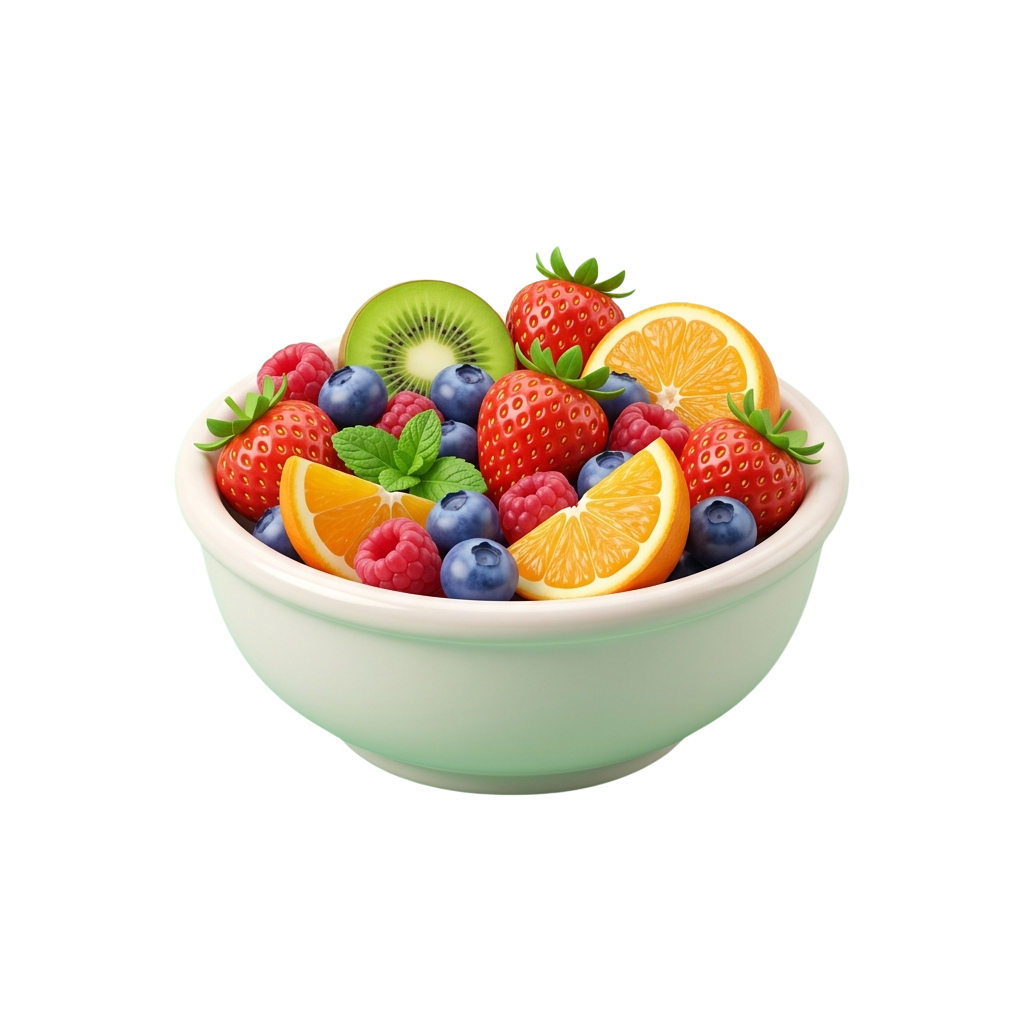 A white bowl filled with fresh mixed fruit including strawberries, blueberries, raspberries, kiwi, and orange slices