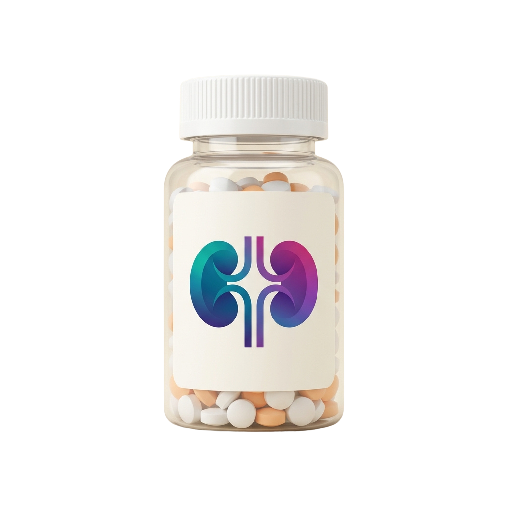 Clear bottle of pills with kidney-shaped logo on label