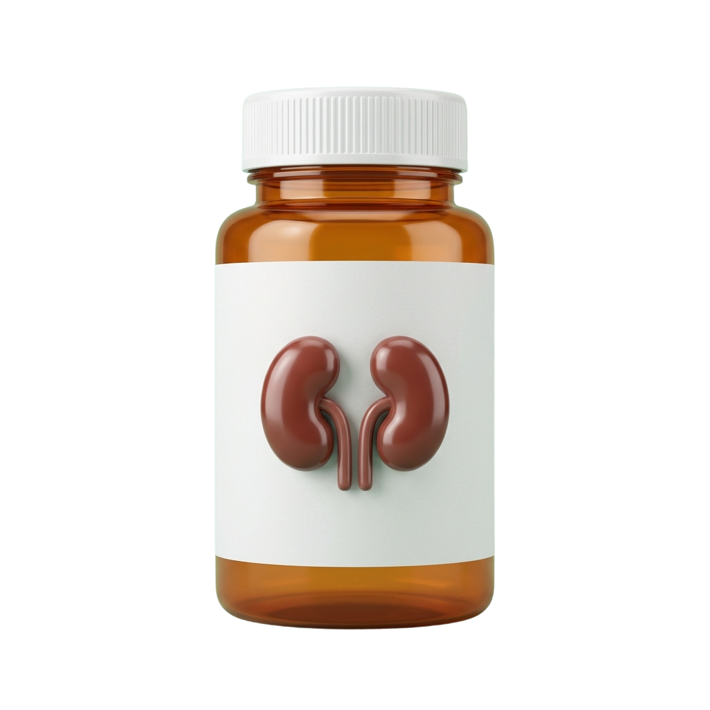 A bottle of medication featuring a graphic of two kidneys on the label