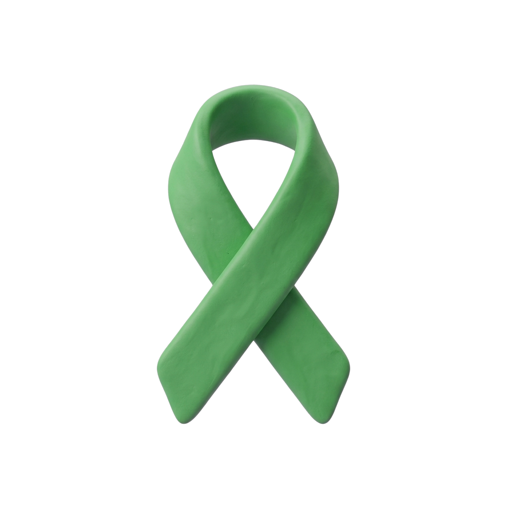 A green awareness ribbon against a black background