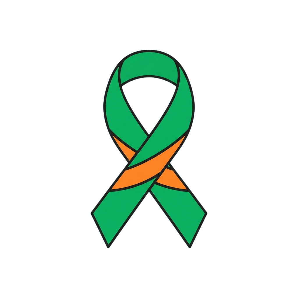 A ribbon symbol with green and orange colors tied in a bow shape