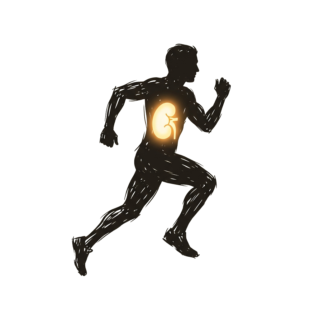 A silhouette of a person running with a glowing heart symbol in the chest area.