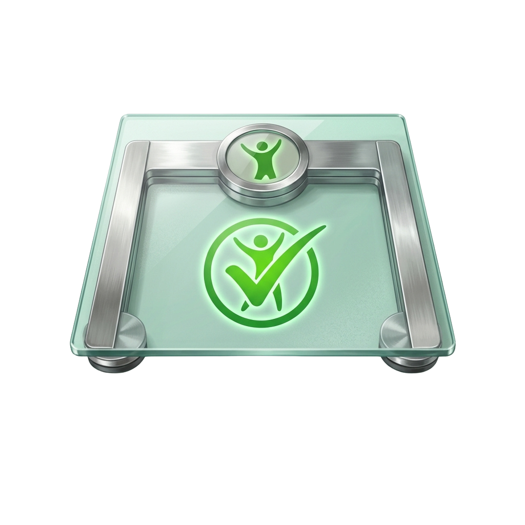 Digital bathroom scale featuring green fitness icons including a jumping figure and checkmark