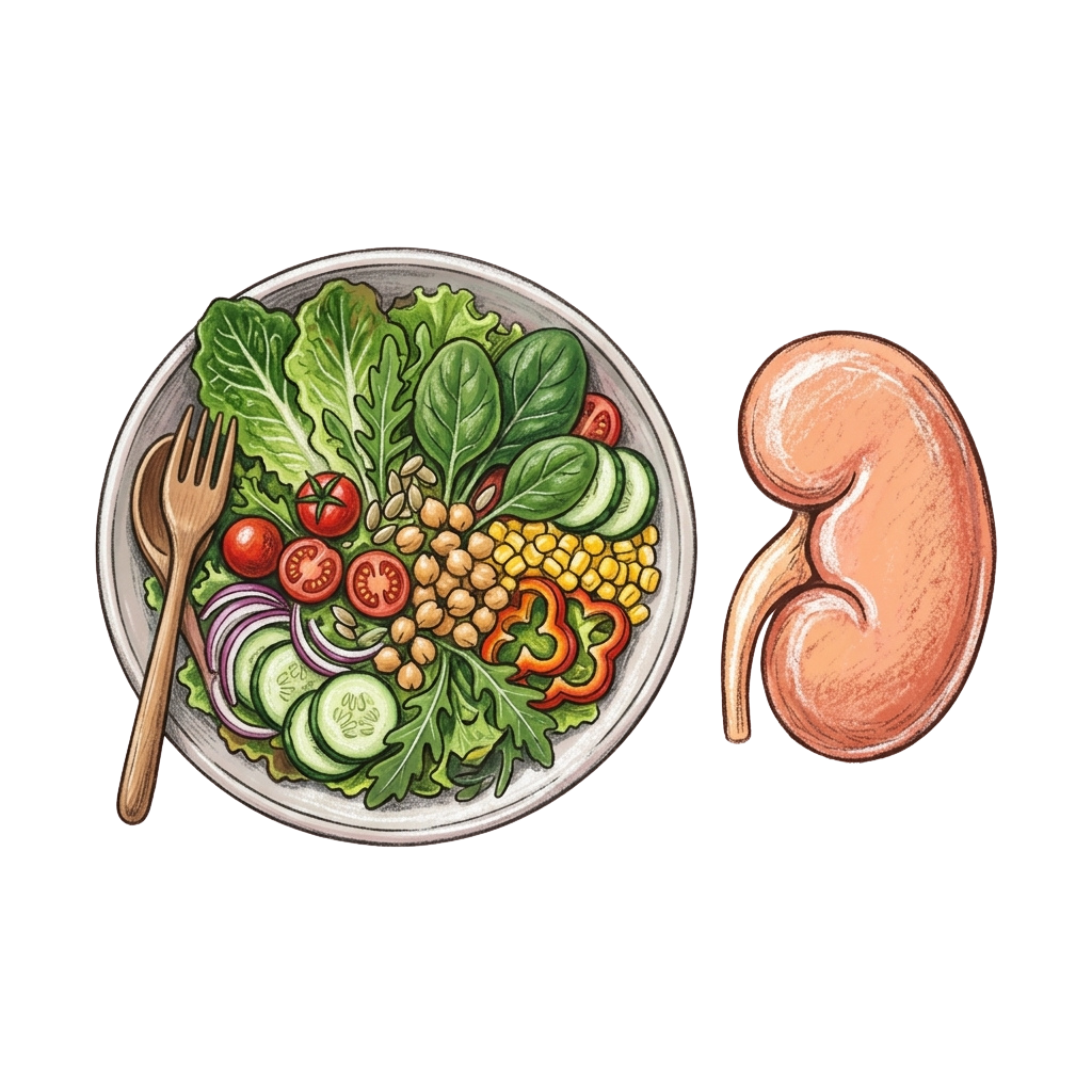 A plate of colorful salad with chickpeas, tomatoes, cucumbers, and greens next to a kidney illustration.