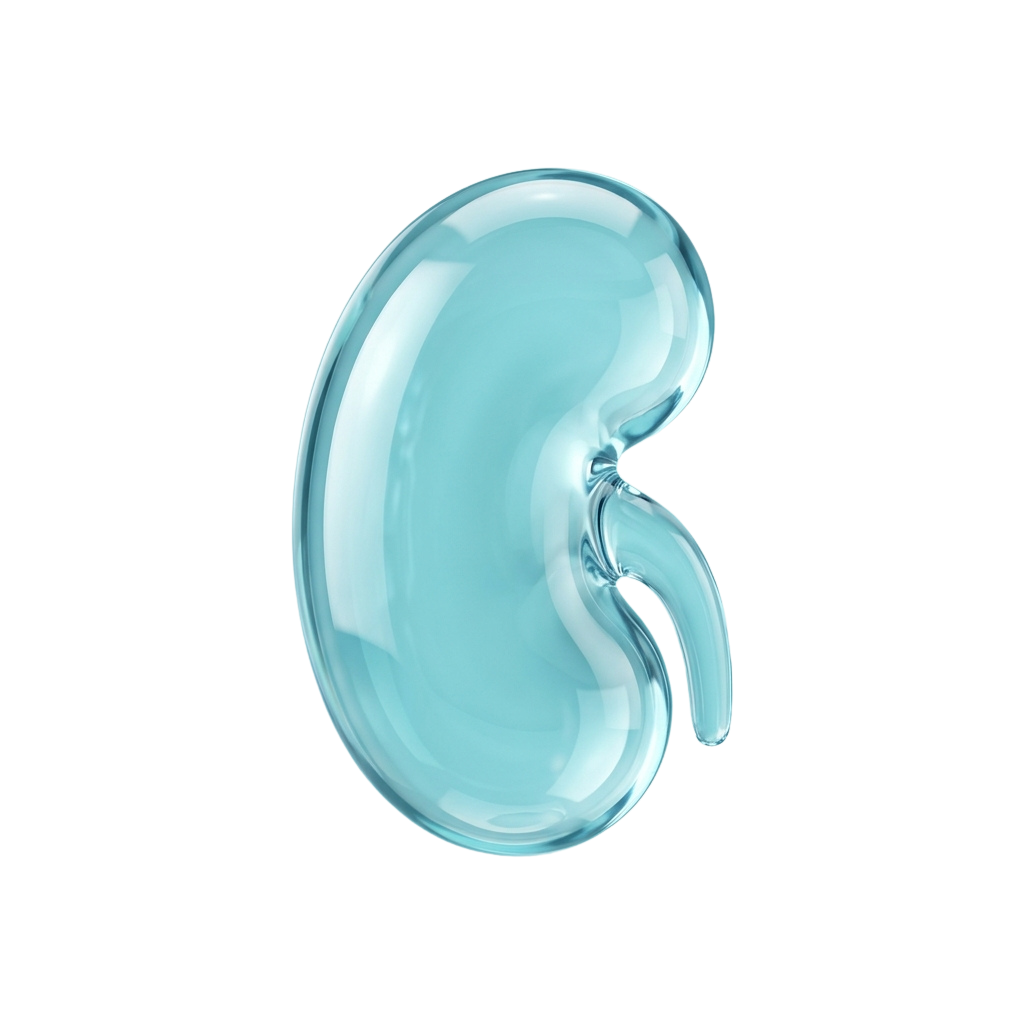 A transparent 3D rendering of a human kidney with visible internal structure and renal pelvis.