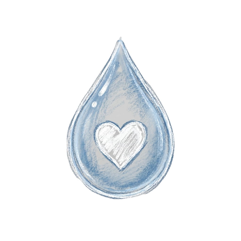 A teardrop-shaped water droplet with a white heart symbol inside it