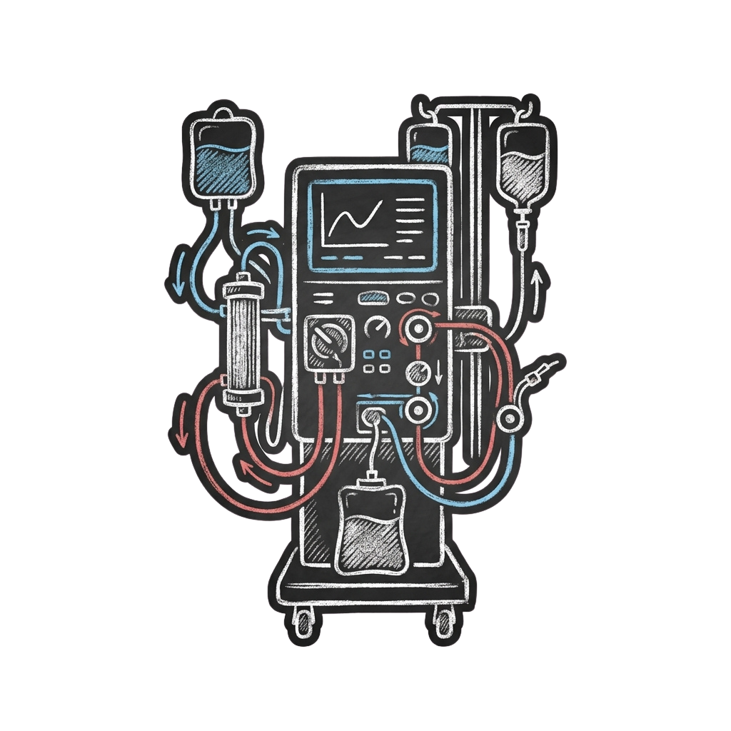 Illustration of a medical infusion pump with fluid bags, tubes, and control interface