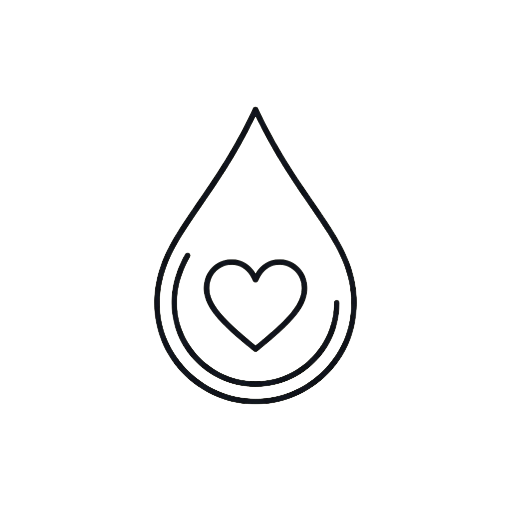 A minimalist icon of a teardrop shape containing a heart inside it