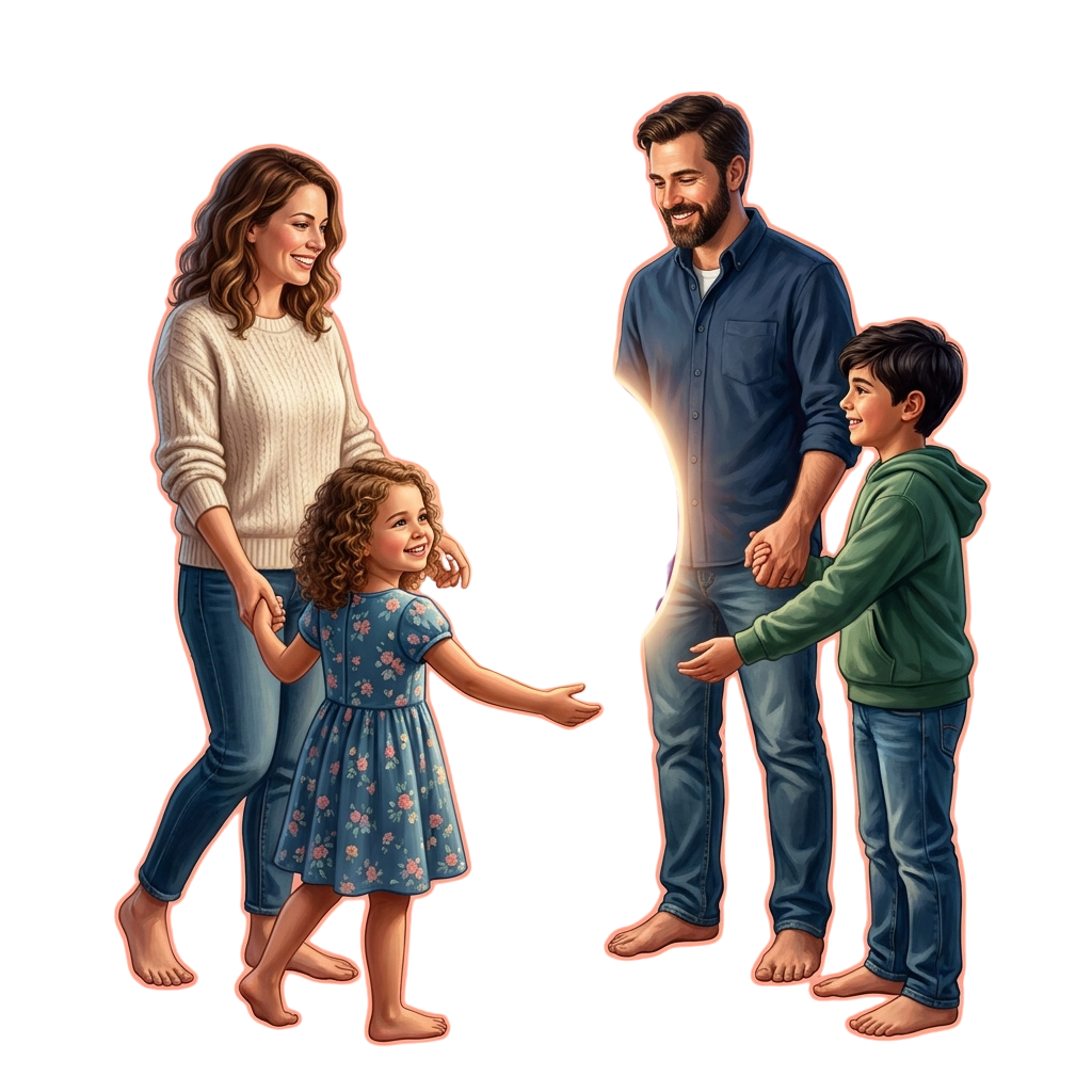 Illustration of a smiling family of four walking hand-in-hand, including two adults and two children.