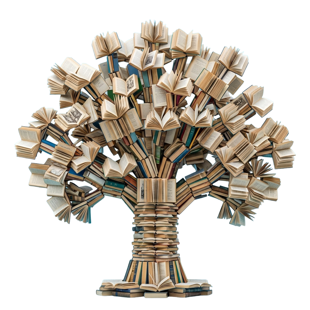 A tree sculpture crafted entirely from stacked and arranged books.
