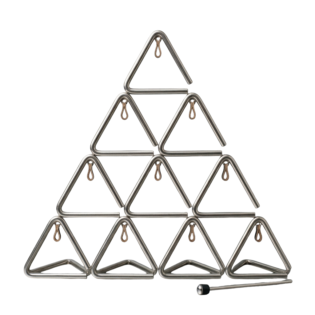 A geometric wire triangle light fixture with multiple small LED bulbs arranged in a pyramid shape