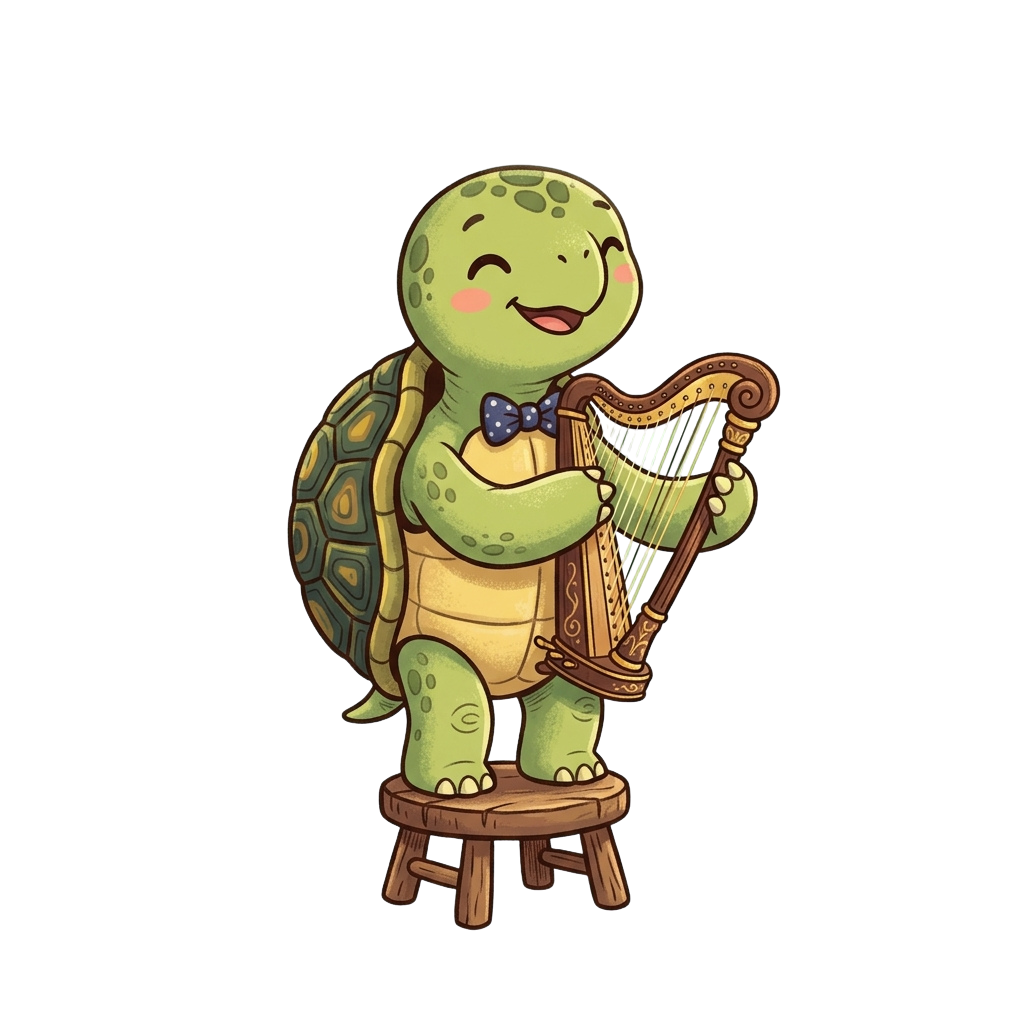 A cheerful cartoon turtle wearing a bow tie plays a harp on a small stool.