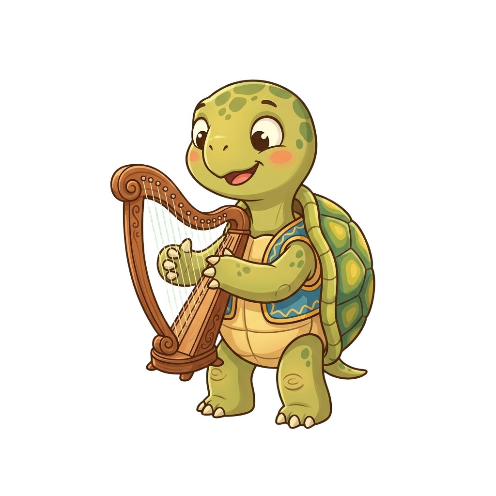 A cheerful cartoon turtle playing a harp with a smiling face