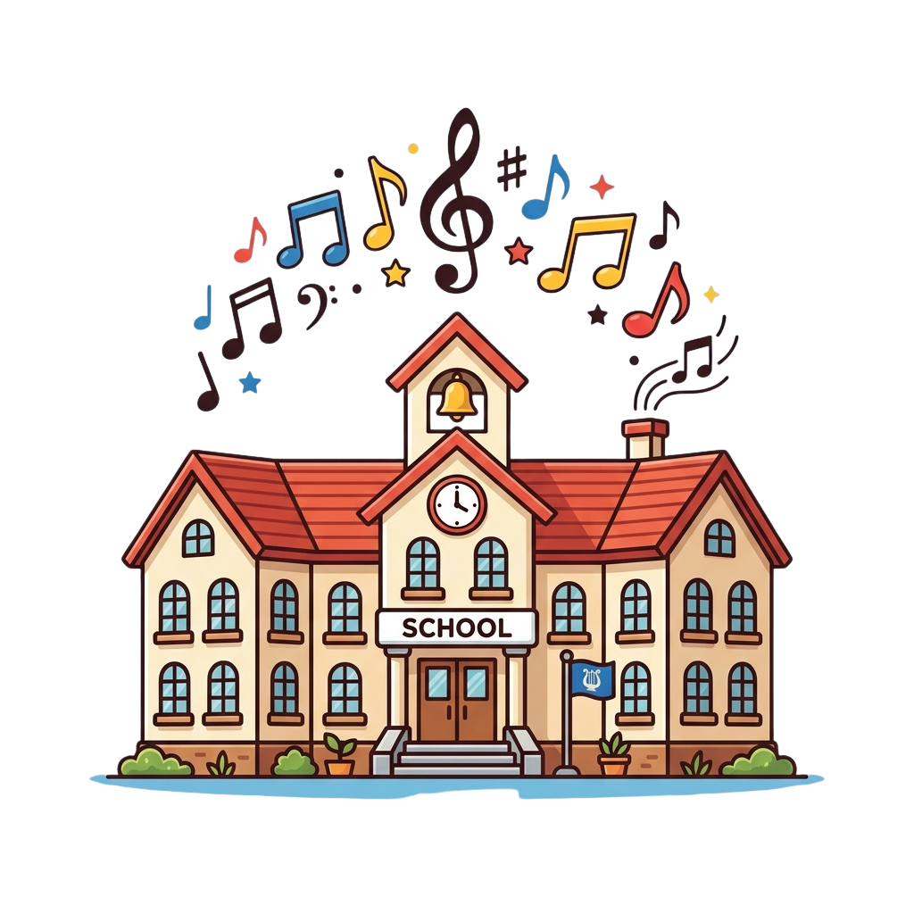 Illustration of a school building with musical notes and symbols floating above it.