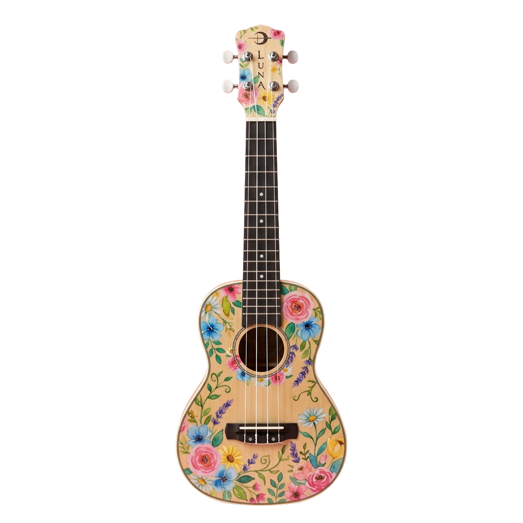 Ukulele with vibrant floral patterns and a moon-themed headstock against a black background