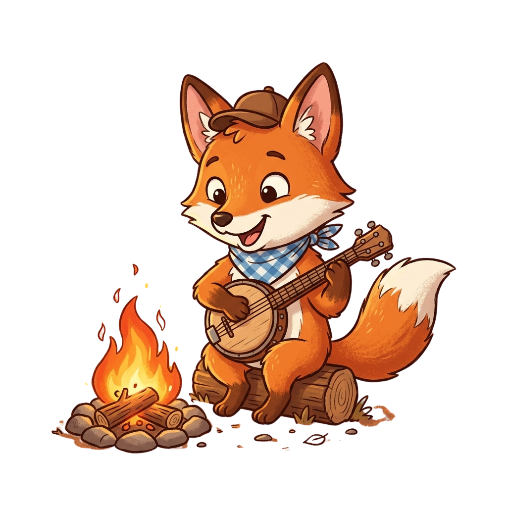 A cheerful cartoon fox wearing a hat and bandana plays a banjo next to a campfire on logs