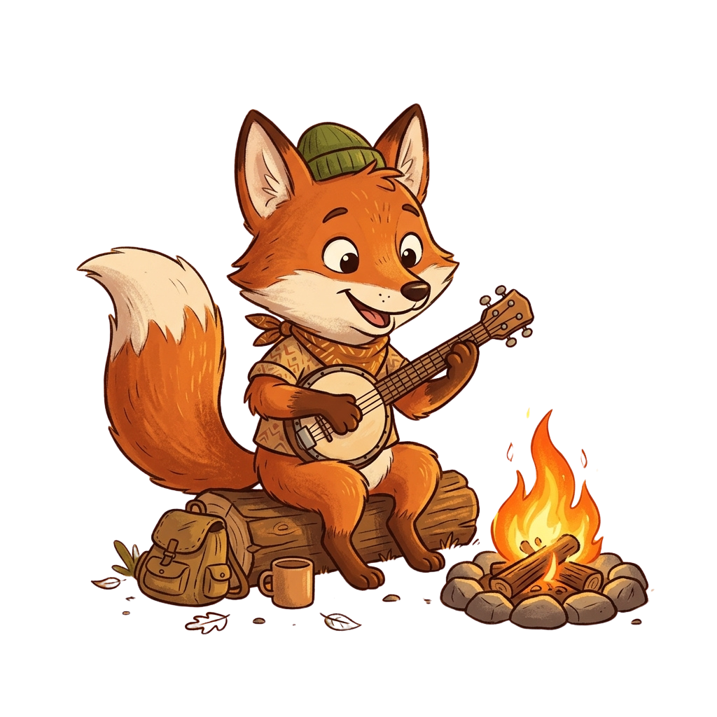 A cheerful cartoon fox wearing a hat and vest plays a banjo beside a campfire with logs and a mug nearby