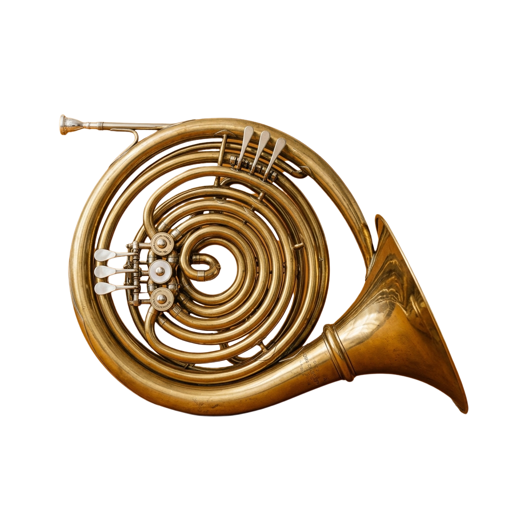 Close-up of a polished golden French horn musical instrument with valves and bell.