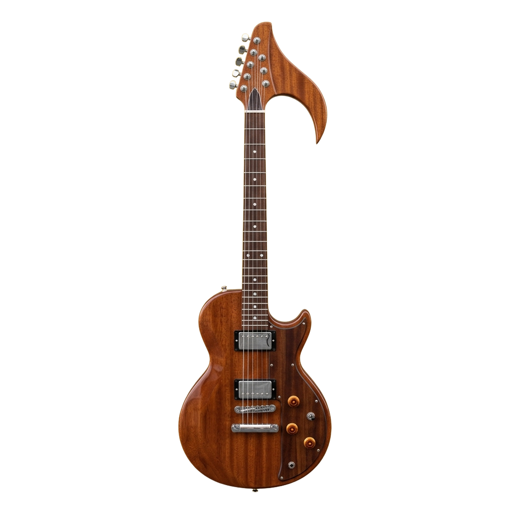 A brown electric guitar with a sleek body and distinctive curved headstock against a black background