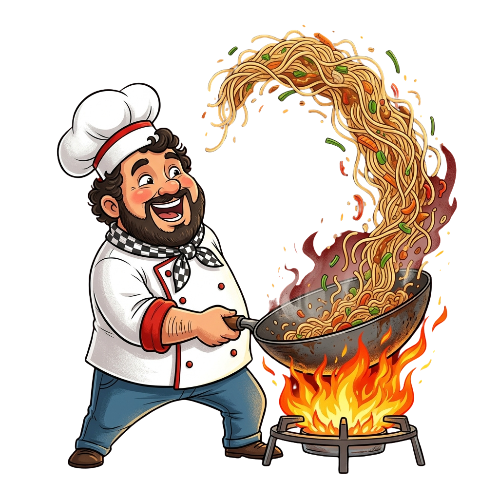A cheerful cartoon chef stirring a wok full of spaghetti over a fiery flame, smiling broadly.