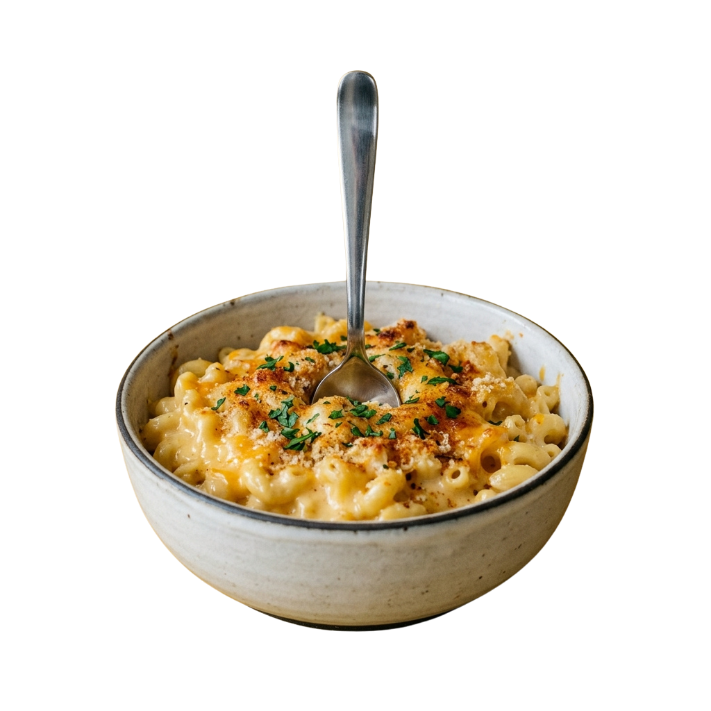 A white bowl filled with creamy macaroni and cheese topped with crispy breadcrumbs and parsley, with a spoon inside.