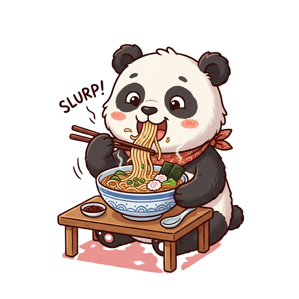 A cartoon panda happily slurping noodles from a bowl with chopsticks