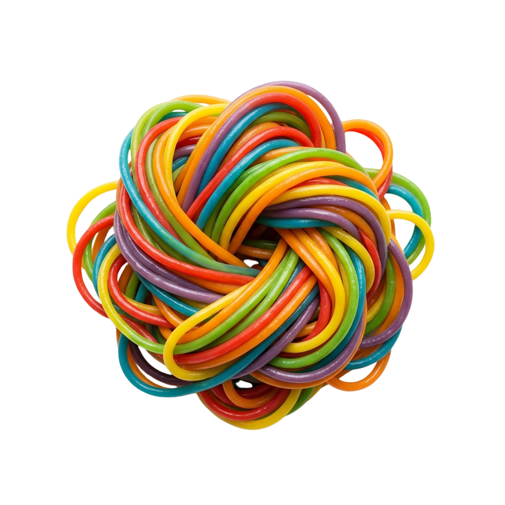 A vibrant spherical toy made of tightly braided rubber bands in multiple colors