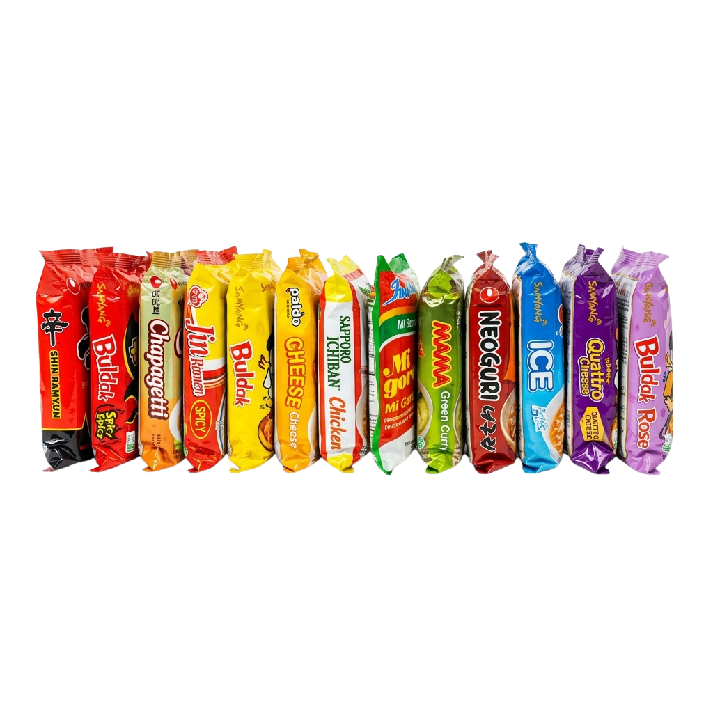 A variety of colorful snack chip bags lined up side by side on a black background