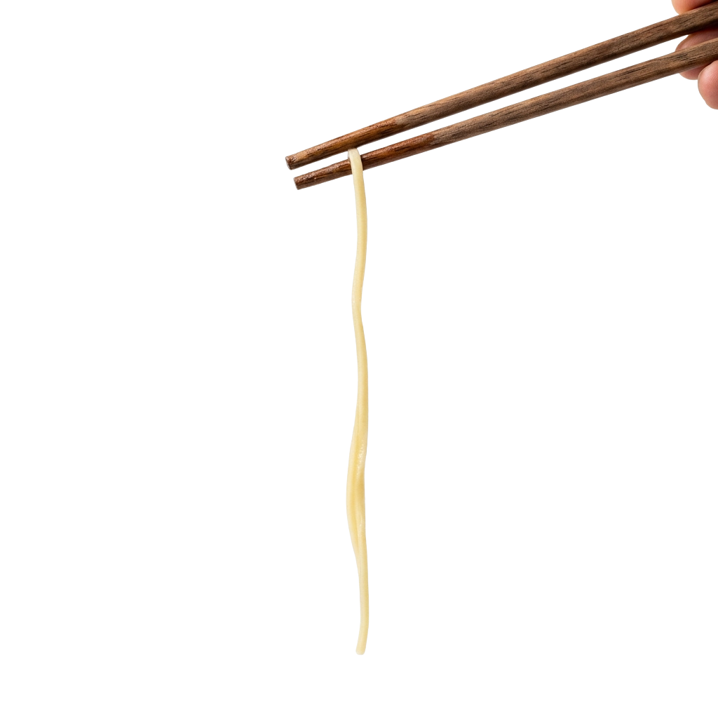 A pair of wooden chopsticks lifting a single thin, cooked noodle.