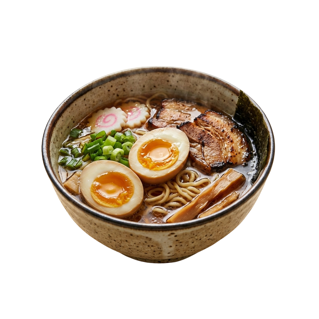 Bowl of ramen soup with soft-boiled eggs, pork slices, green onions, and noodles in a ceramic bowl