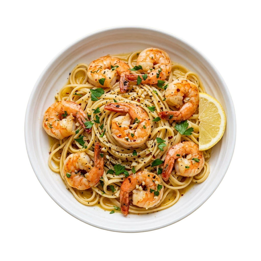 A white bowl of shrimp linguine pasta garnished with lemon slices and parsley on a plain background