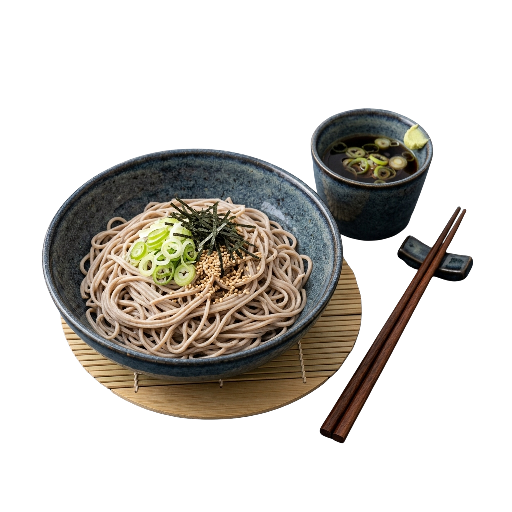 A bowl of soba noodles garnished with green onions and sesame seeds, paired with a small cup of broth and wooden chopsticks