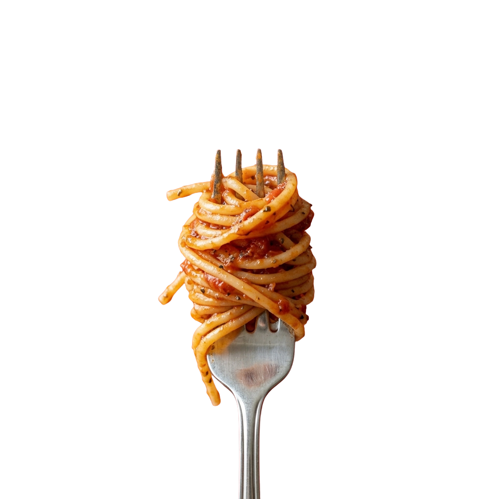 A fork holding a serving of spaghetti covered in tomato sauce against a black background
