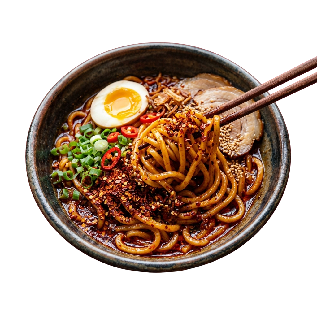 A bowl of spicy ramen with noodles, egg, green onions, chili peppers, and meat toppings