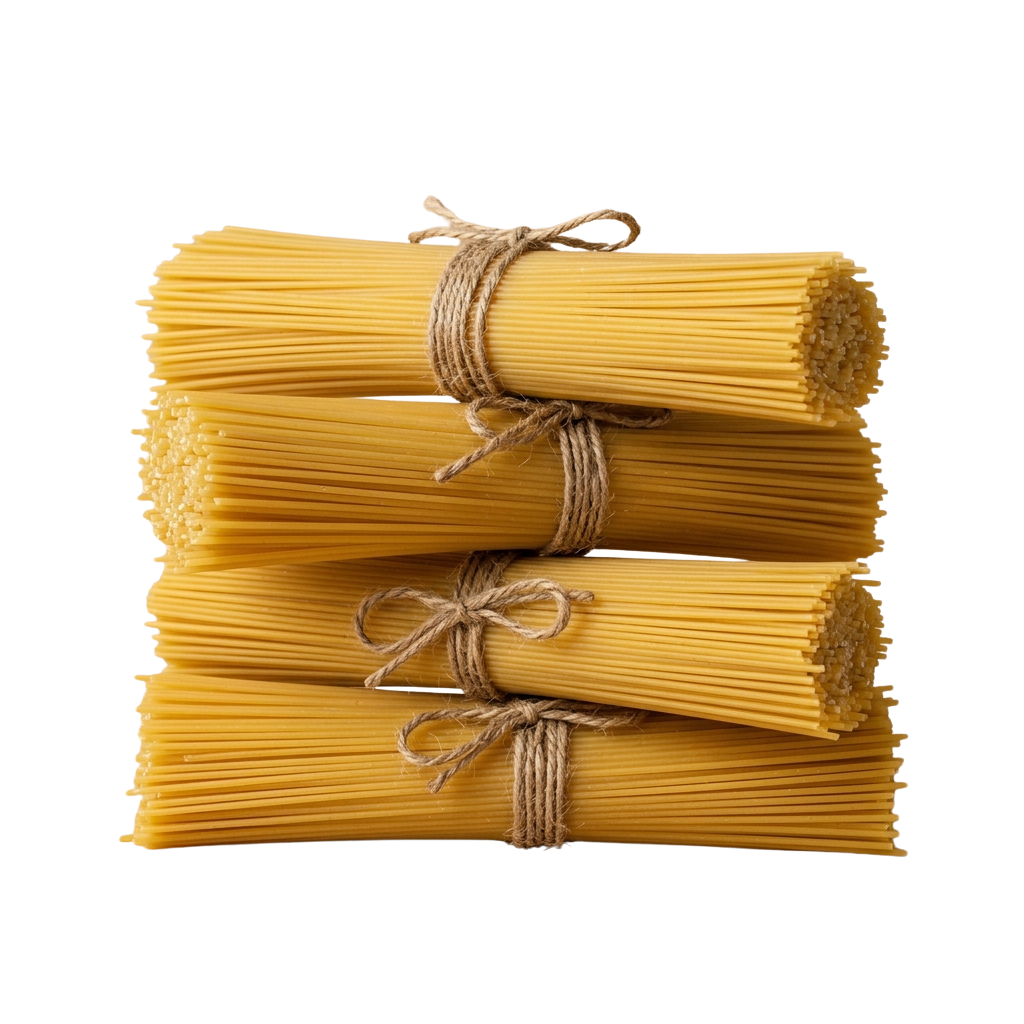 Three bundles of bright yellow spaghetti tied with twine against a black background