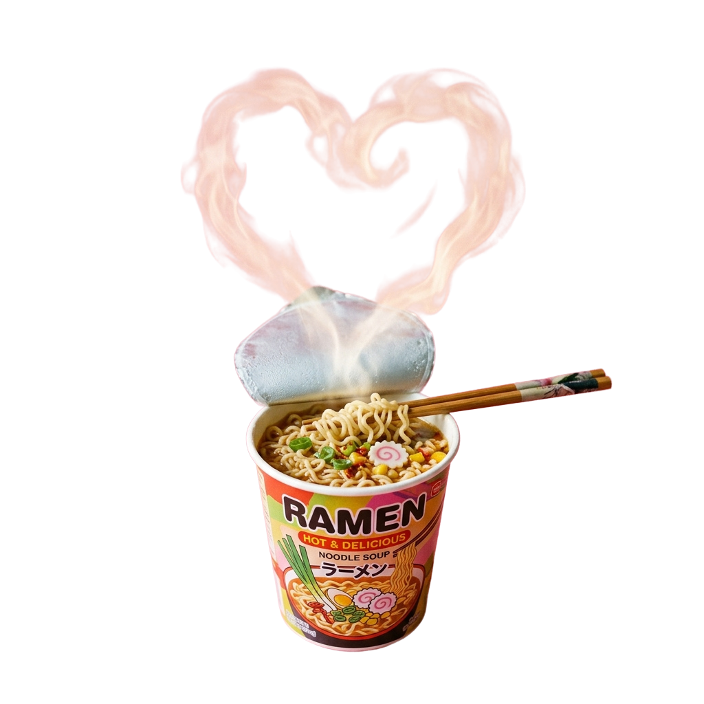 Instant ramen cup emitting pink heart-shaped smoke with chopsticks resting on the edge