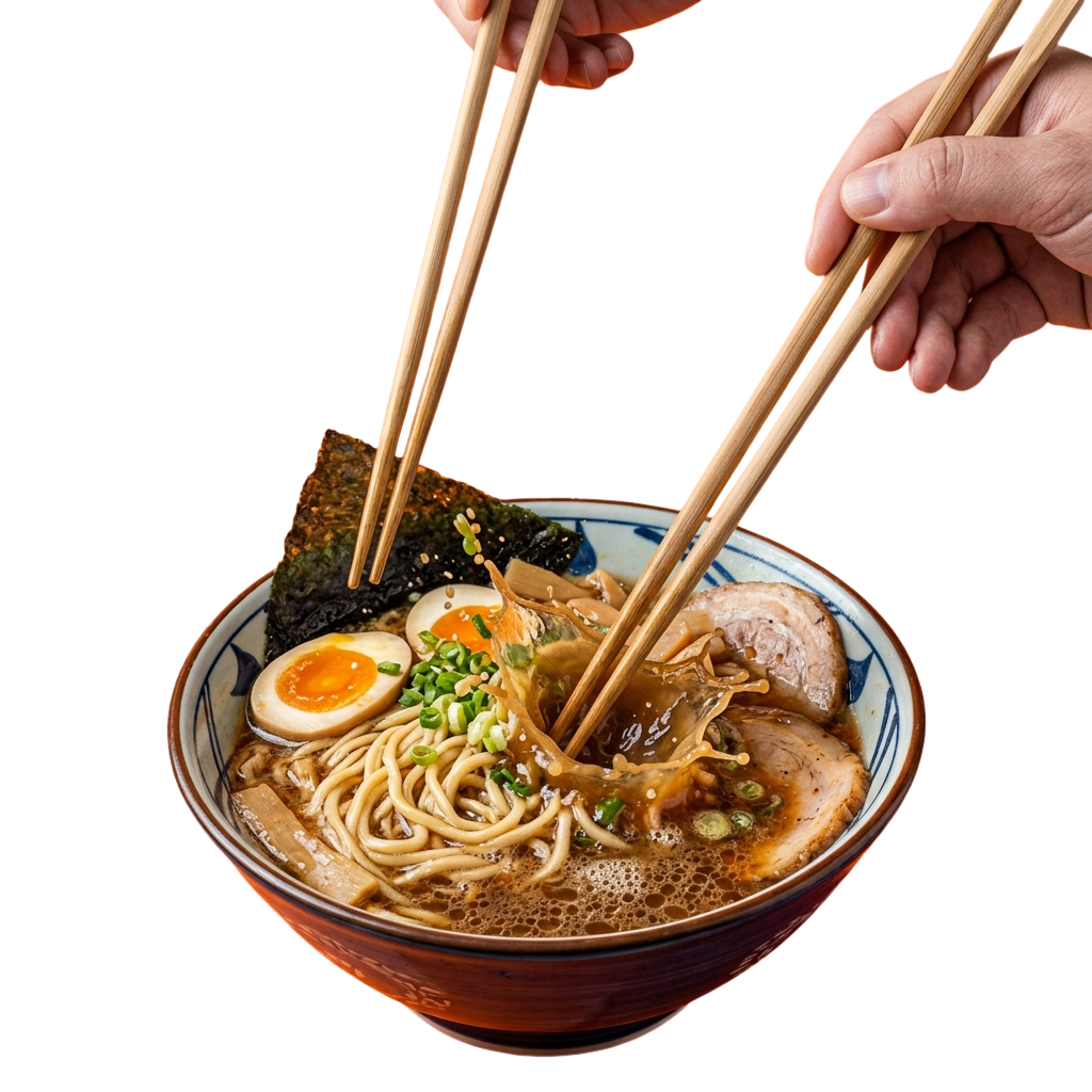 A bowl of ramen with noodles, egg, green onions, nori, and meat being held with chopsticks