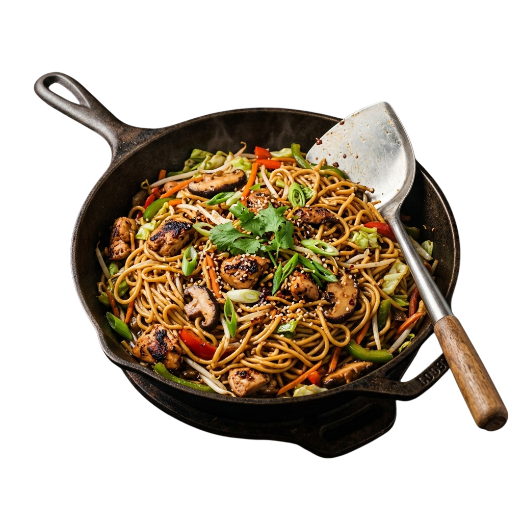 A cast iron skillet filled with stir fry noodles, chicken, mushrooms, green onions, and sesame seeds