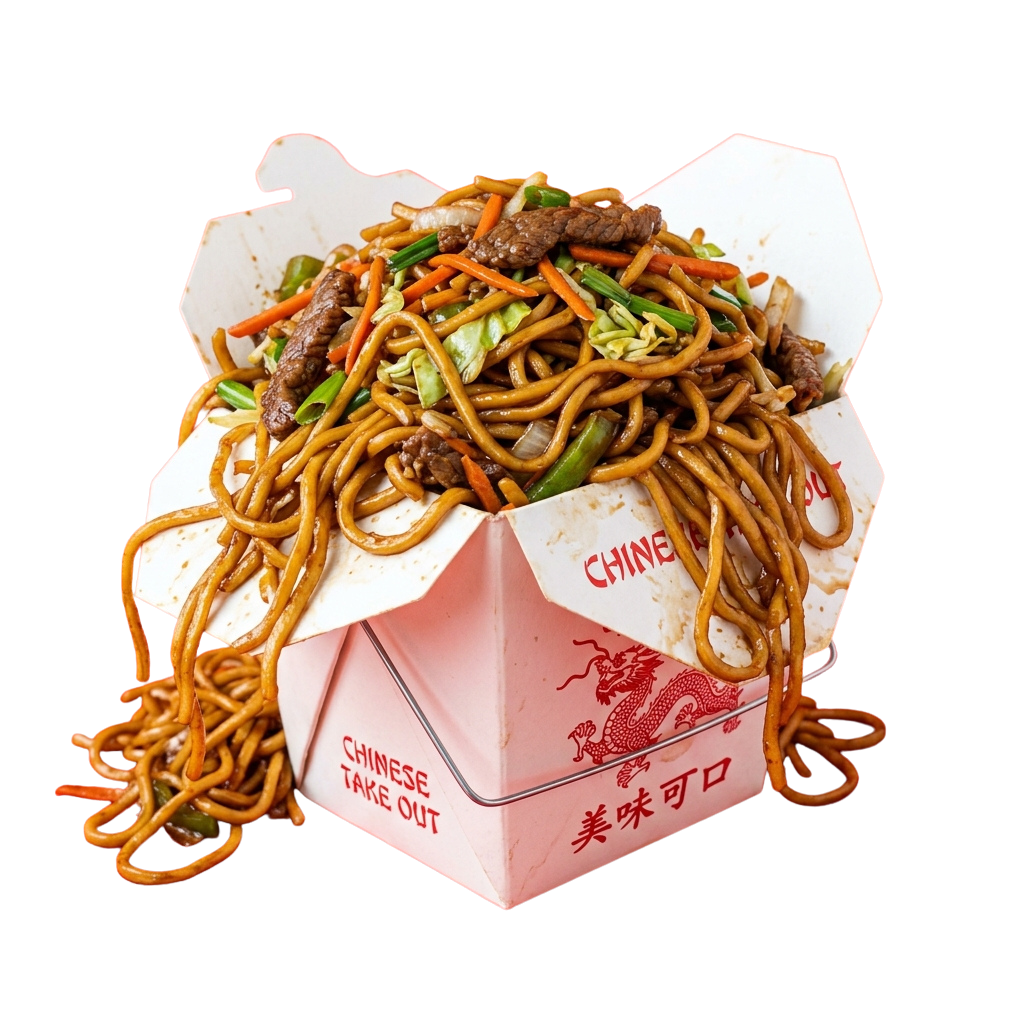 A takeout box filled with chow mein noodles, beef, carrots, and green onions.