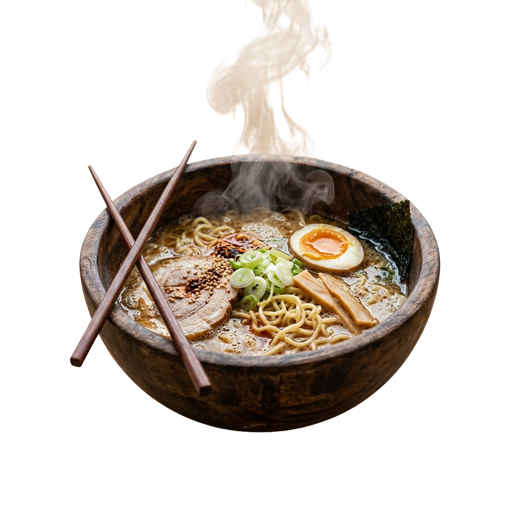 A steaming hot bowl of ramen with noodles, sliced pork, a soft-boiled egg, green onions, and seasoning on top