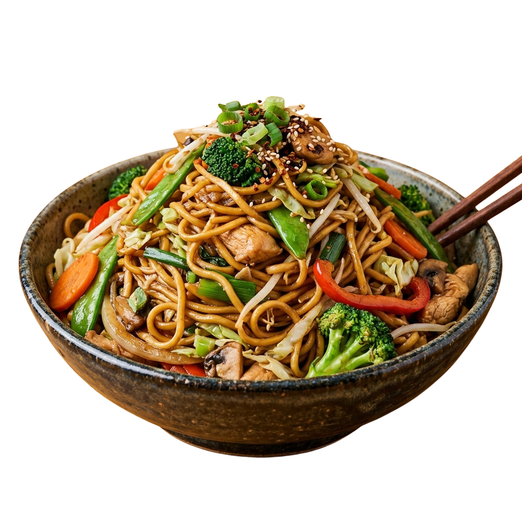 Bowl of stir-fried noodles with broccoli, carrots, bell peppers, mushrooms, and protein garnished with sesame seeds and green onions