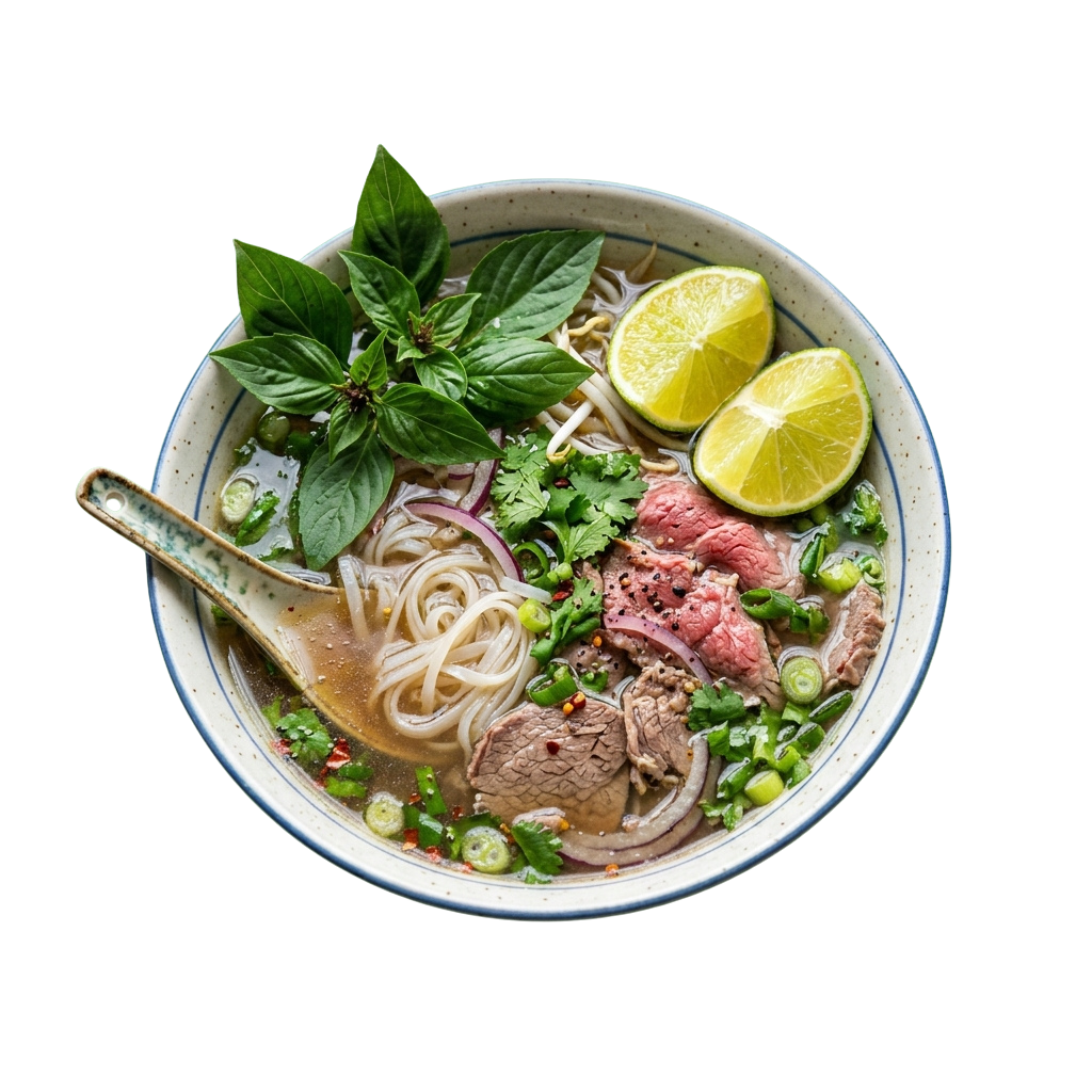 Bowl of Vietnamese beef pho soup with noodles, beef slices, herbs, lime wedges, and garnishes