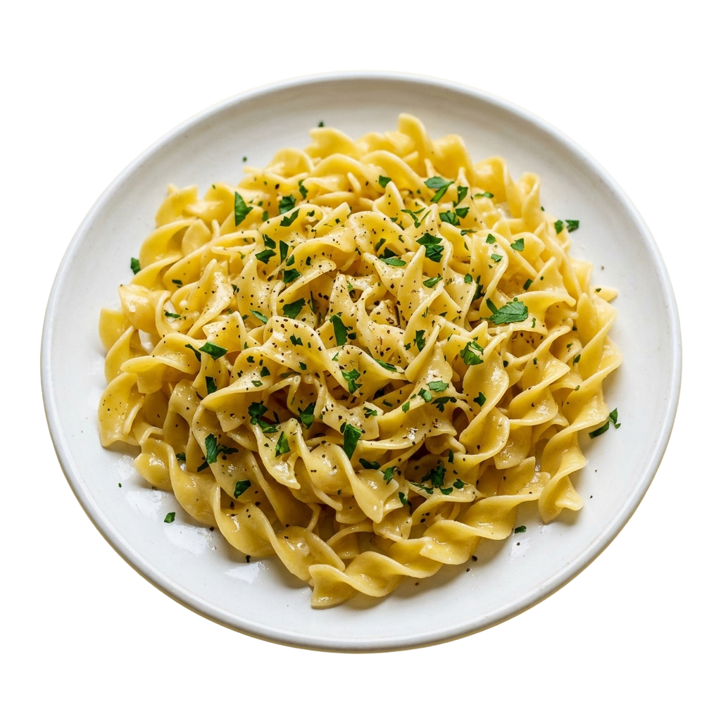 A plate of creamy fettuccine pasta garnished with black pepper and parsley on a white plate