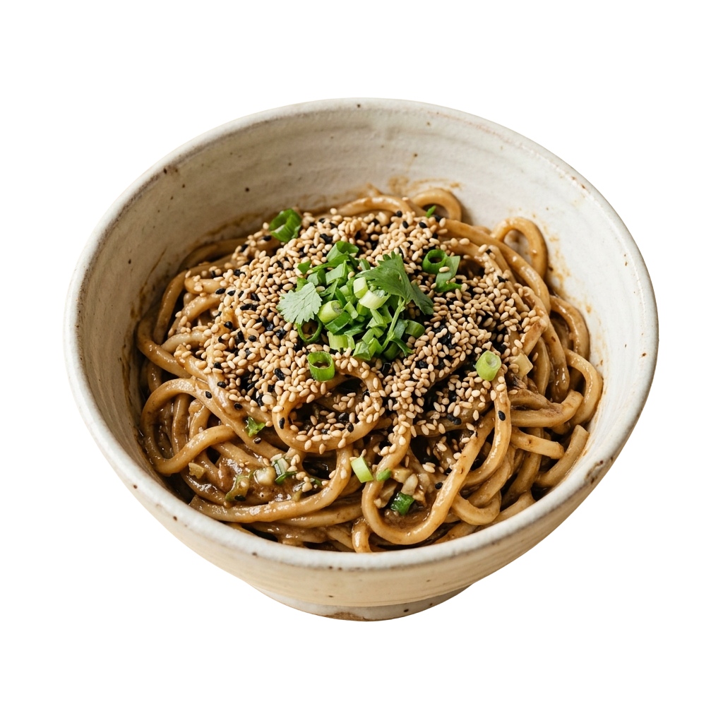 Bowl of sesame noodles topped with seeds and chopped green onions